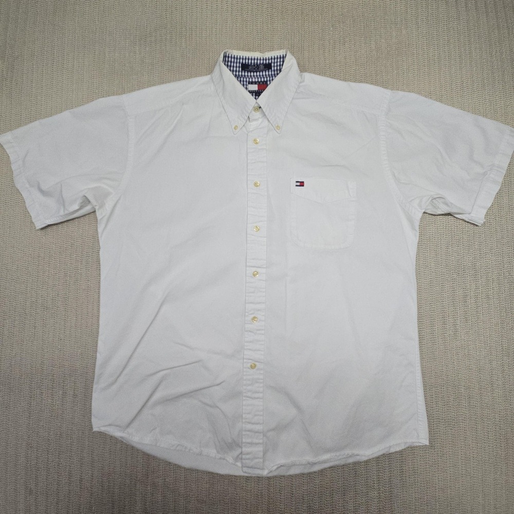 Tommy Hilfiger Shirt Mens Large White Solid Short Sleeve Button Down Casual